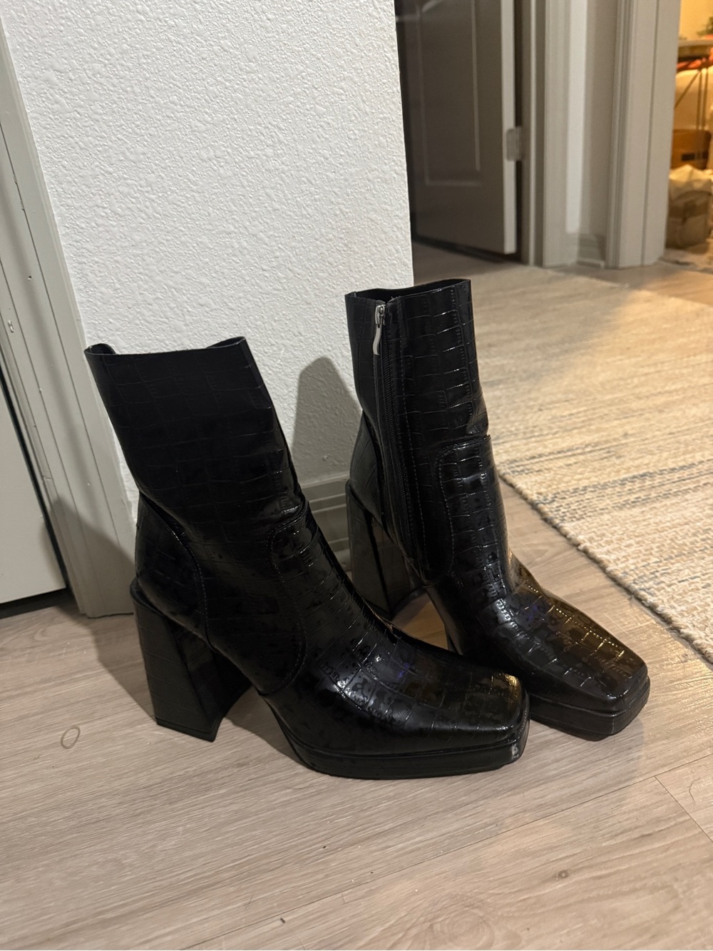 Princess Polly Black Croc-Embossed Square Toe Block Heel Ankle Boots